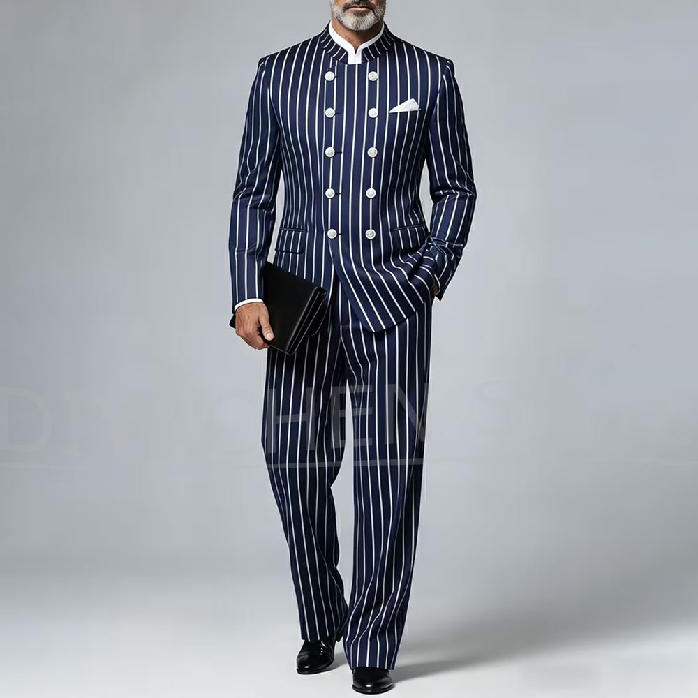 Men Formal Wear With Blazer - Men Striped Suit 2 Piece Mandarin