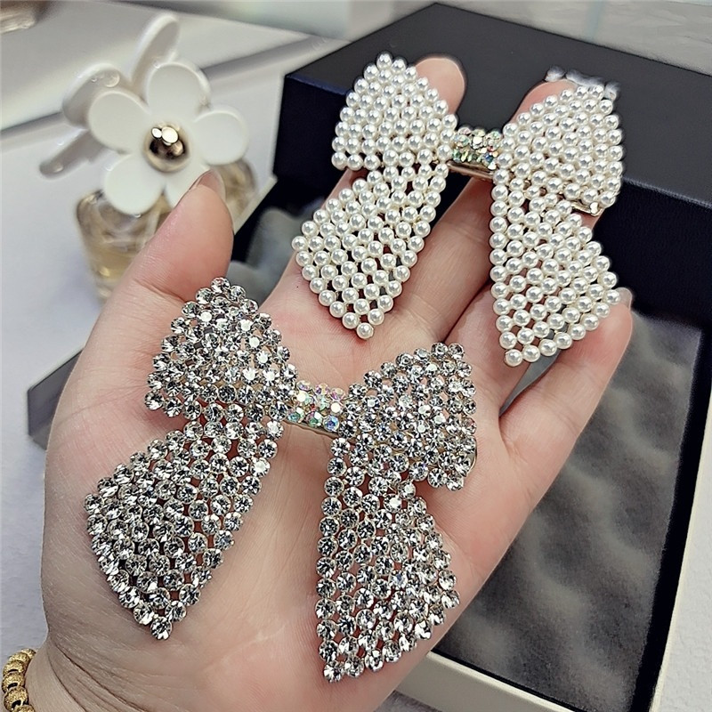 Tie Bar Clip - Rhinestone Pearl Bow Hair Clips Barrettes