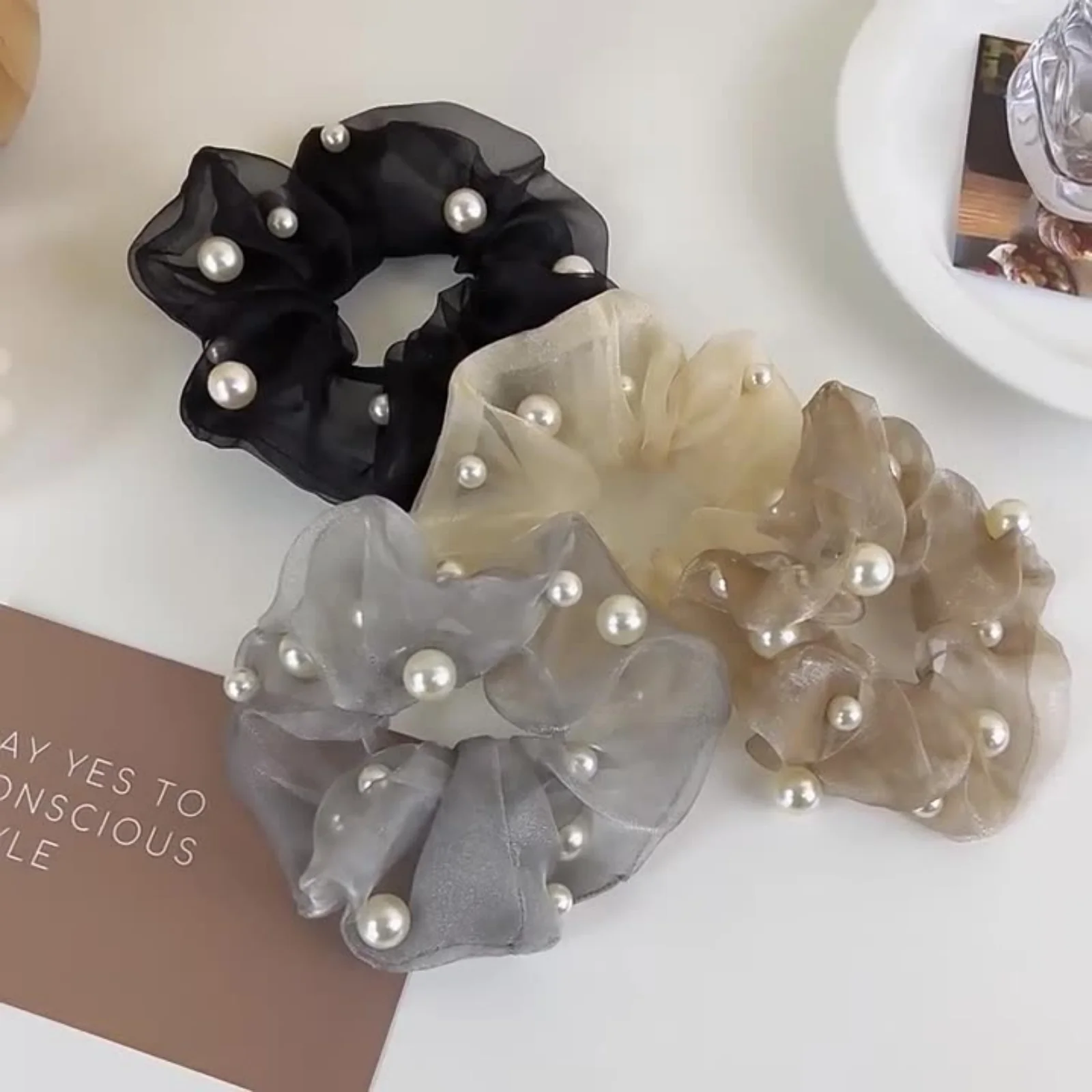 Tie Bar Clip - 1PC Elegant Organza Scrunchies with Pearls,