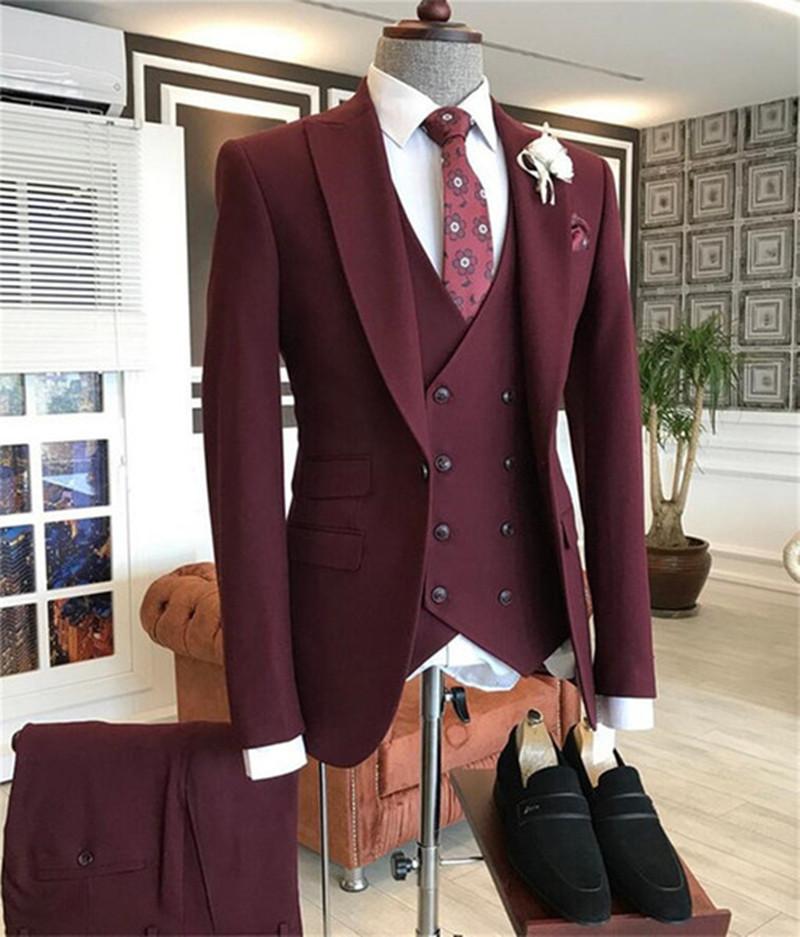 Men Formal Wear With Blazer - 2021 Burgundy Double Breasted Vest Costume