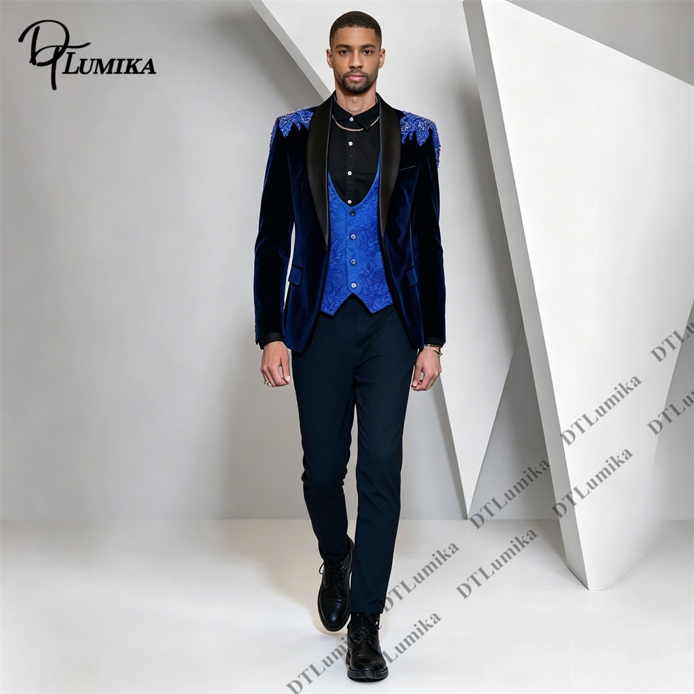 Men Formal Wear With Blazer - Peagent Men 3 Piece Velvet Suit
