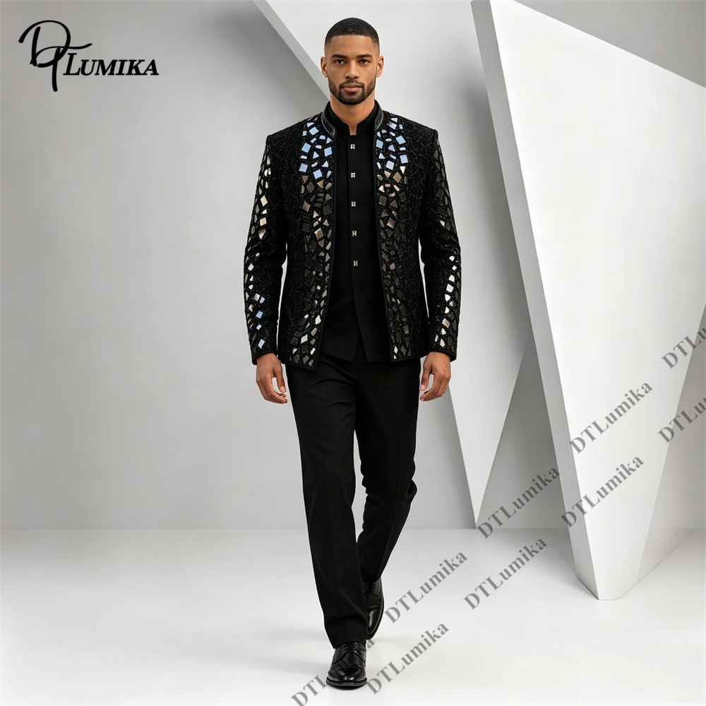 Men Black Mandarin Collar Suit - Men Formal Wear With Blazer recension och pris